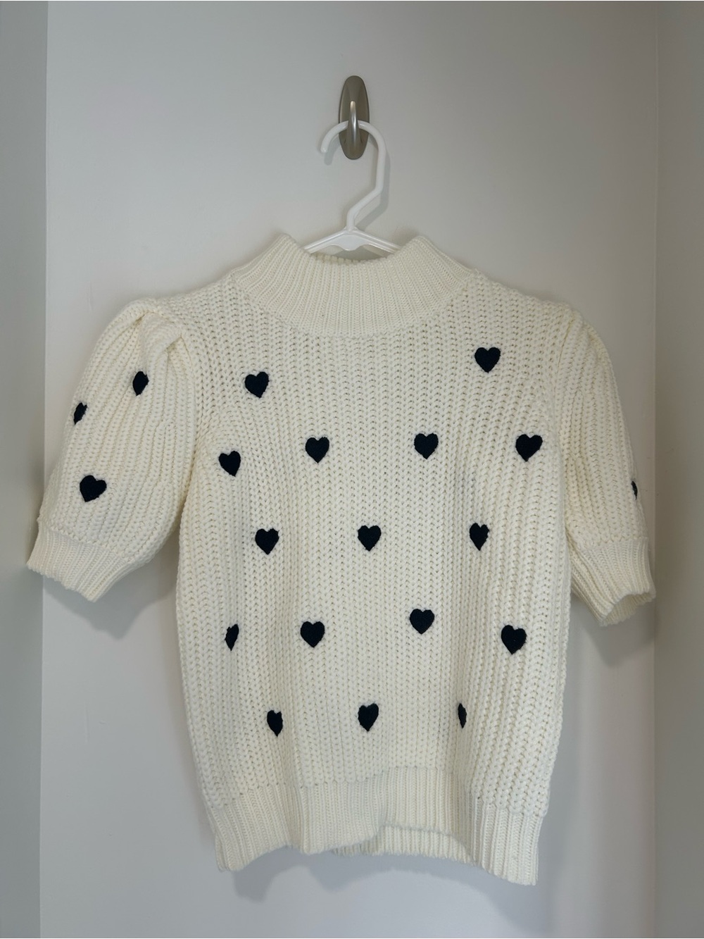 English Factory Ivory Knit Sweater with Black Heart Accents